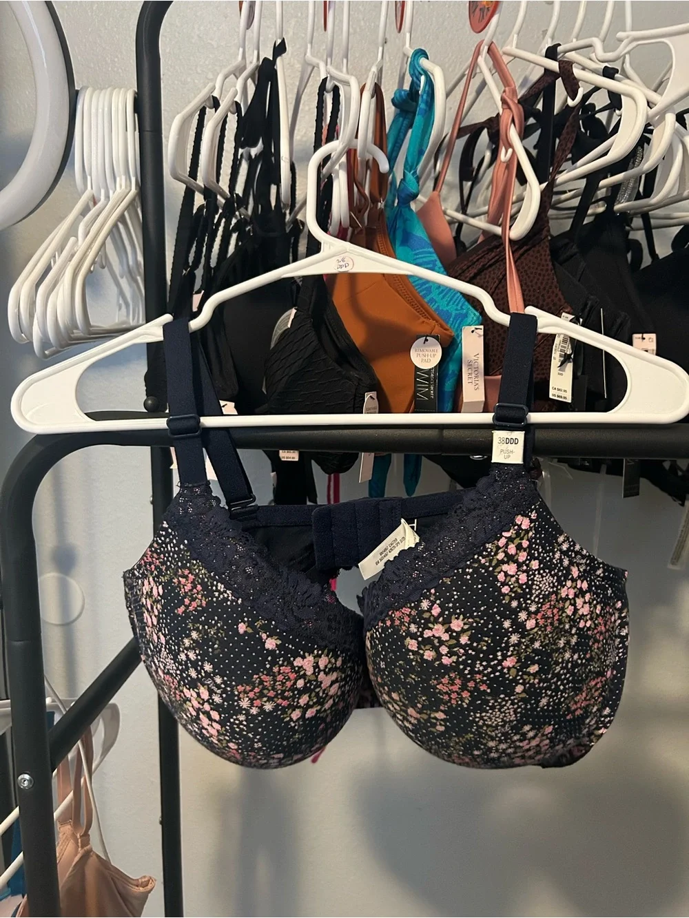 Victoria's Secret Navy Bra with Pink Floral Print and Lace Trim